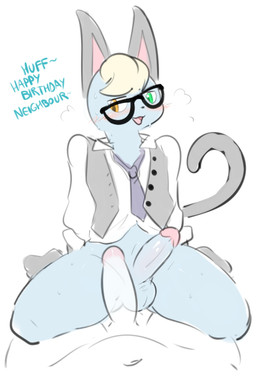 accessory anthro balls blonde_hair blush bodily_fluids bottomless bottomless_anthro bottomless_male clothed clothing dialogue duo eyewear faceless_character faceless_male first_person_view fur genitals glasses grey_body grey_fur hair happy_birthday heterochromia imminent_sex looking_at_viewer male male/male male_pov navel necktie open_:3 penis simple_background smile smiling_at_viewer sweat text topwear topwear_only translucent translucent_penis elpatrixf animal_crossing nintendo raymond_(animal_crossing) domestic_cat felid feline felis mammal 2021 english_text
