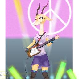 anthro bottomwear clothed clothing electric_guitar electronics female fully_clothed fur gloves guitar handwear headgear headphones headset holding_guitar holding_musical_instrument holding_object horn musical_instrument playing_guitar playing_music plucked_string_instrument shirt shorts solo string_instrument t-shirt topwear yellow_body yellow_fur tieradler disney zootopia gazelle_(zootopia) antelope bovid gazelle mammal 1:1 2020 absurd_res hi_res