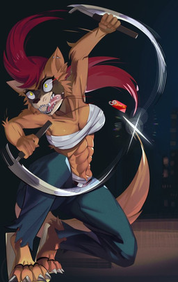 4_toes 5_fingers abs anthro big_breasts black_nose bodily_fluids bottomwear breasts brown_body brown_fur brown_tail chest_wraps cleavage clothed clothing eyebrows eyelashes feet female fingers fur hair holding_object holding_weapon kama_(weapon) long_hair midriff motion_lines nails navel pants red_hair saliva sharp_nails sharp_teeth solo tail teeth toes tongue tongue_out torn_clothing weapon wide_eyed wraps yellow_eyes psibunny felid mammal 2025