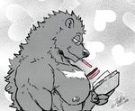 anthro bare_chest biceps big_muscles black_body black_fur black_nose book claws eyewear food fur glasses half-closed_eyes heart_symbol holding_book holding_object looking_down male muscular muscular_anthro muscular_male narrowed_eyes nipples pecs reading smile solo jabuhusky beastars pocky bogue_(beastars) bear black_bear mammal moon_bear ursine 2020 digital_media_(artwork) greyscale monochrome