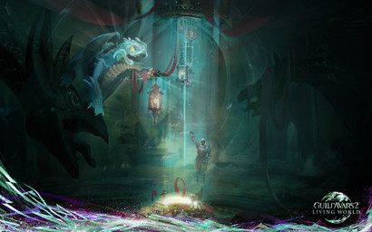 ambiguous_gender armor blue_body blue_scales candle claws detailed_background duo feral inside lamp lantern membrane_(anatomy) membranous_wings open_mouth scales sculpture statue teeth wings yellow_eyes unknown_artist guild_wars mythology aurene crystal_dragon dragon human mammal mythological_creature mythological_scalie scalie 16:10 hi_res official_art widescreen