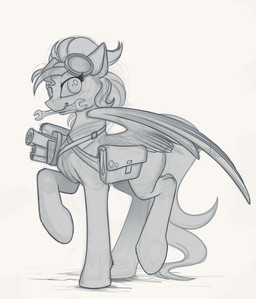 eyewear feathered_wings feathers female feral fur goggles hair hooves looking_at_viewer nude scroll smile solo standing tools wings yakovlev-vad hasbro my_little_pony mythology fan_character equid equine mammal mythological_creature mythological_equine pegasus greyscale hi_res monochrome sketch