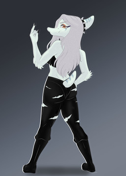 anthro biped black_boots black_bottomwear black_clothing black_crop_top black_footwear black_pants black_shirt black_topwear blue_body bone_frill boots bottomwear breasts butt claws clothing collar crop_top elbow_feathers female finger_claws fingers footwear frill_(anatomy) furgonomic_bottomwear furgonomics gesture gradient_background grey_background grey_hair hair hand_gesture hand_on_hip head_turned humanoid_hands knee_boots knee_highs legwear long_hair looking_at_viewer looking_back markings medium_breasts middle_finger non-mammal_breasts orange_eyes pants pose rear_view shadow shirt shoes short_tail simple_background smile smirk solo spiked_collar spikes standing striped_markings stripes tail text topwear torn_bottomwear torn_clothing torn_pants louiss. cavemanon_studios goodbye_volcano_high ko_op_(game_developer) snoot_game fang_(gvh) prehistoric_species pterosaur reptile scalie 2025 absurd_res artist_name colored hi_res shaded