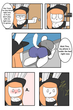 a all_fours anthro beanie bed black_clothing black_hat black_headwear black_shirt black_topwear blue_bottomwear blue_clothing blue_shorts blush bodily_fluids bottomwear breasts brown_hair butt cleavage clothed clothing dialogue drooling duo eyelashes female furniture grey_beanie grey_clothing grey_hat grey_headwear hair hat headgear headwear male orange_hair pink_bottomwear pink_clothing pink_shorts ponytail rear_view saliva shirt shorts speech_bubble tail text topwear tonytoran tina_(tonytoran) tony_(tonytoran) chinchilla chinchillid lagomorph leporid mammal rabbit rodent absurd_res comic hi_res
