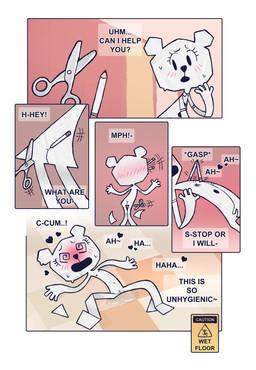 animal_ears anthro bear_ears blush bodily_fluids butt dialogue female flat_chested genital_fluids genitals heart_symbol loli lying navel nipples nude nude_female on_back open_mouth paper papercraft scissors solo speech_bubble spiral spiral_eyes sweat text vaginal_fluids vulva wet_floor wet_floor_sign young young_anthro young_female eyegrapecartoons cartoon_network the_amazing_world_of_gumball teri_(tawog) bear mammal paper_creature absurd_res comic english_text hi_res