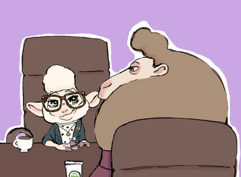 anthro bell_necklace beverage brown_body brown_fur brown_wool clothing coffee coffee_cup coffee_mug container cup desk duo eyewear female fur furniture glasses green_eyes long_ears male shippings shirt table tapping_fingers topwear wearing_glasses white_body white_fur white_wool wool_(fur) wool_hair yellow_eyes miss-ewe3479 disney zootopia dawn_bellwether doug_ramses bovid caprine mammal sheep hi_res