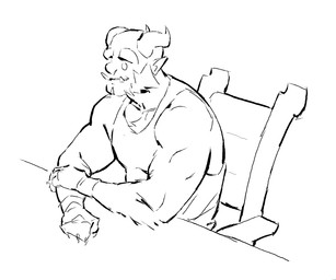 2_horns chair closed_smile clothed clothed_humanoid clothed_male clothing empty_eyes facial_hair front_view furniture head_horn horn humanoid_pointy_ears looking_aside male mouth_closed muscular muscular_humanoid muscular_male on_chair pointy_ears shirt sideburns simple_background sitting sitting_on_chair smile solo table tank_top topwear underbite white_background kingarthur_i ior_(kingarthur_i) humanoid 2024 black_and_white digital_drawing_(artwork) digital_media_(artwork) half-length_portrait hi_res line_art monochrome portrait