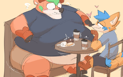 anthro belly beverage big_belly black_nose blue_hair blue_markings blush cake_slice chair coffee creaking duo flustered food fur furniture green_spots hair heart_symbol looking_at_another looking_at_partner male male/male markings moobs navel obese obese_anthro obese_male overweight overweight_anthro overweight_male romantic romantic_couple sitting smile spots stretch_marks table tan_body tan_fur rexery_truffle rexery_(rexerytruffle) truffle_(rexerytruffle) canid canine deer fox mammal 16:10 hi_res widescreen