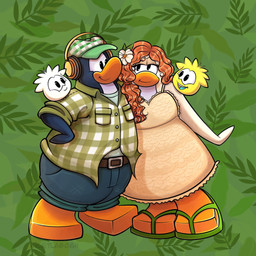 accessory anthro belt blue_body blue_bottomwear blue_clothing blue_fur blue_pants bottomwear brown_belt brown_hair clothing duo electronics female flower flower_in_hair fur green_background green_clothing green_hat green_headwear green_shirt green_topwear hair hair_accessory hat headgear headphones headwear leaf_background long_hair looking_at_another male multicolored_clothing multicolored_shirt multicolored_topwear open_mouth pants pattern_clothing pattern_shirt pattern_topwear plaid plaid_clothing plaid_shirt plaid_topwear plant shirt shoulder_stand simple_background sleeveless_dress topwear two_tone_clothing two_tone_hat two_tone_shirt two_tone_topwear upper_teeth_only white_body white_clothing white_flower white_fur white_hat white_headwear white_shirt white_topwear yellow_body yellow_fur letlab0611 club_penguin avian bird penguin puffle hi_res