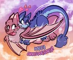 anniversary blue_body blue_fur blush chest_tuft cloud feral fluffy flying fur heart_symbol holding_on looking_back pink_body pink_fur riding riding_on_back romantic sunset text tuft wings conditional_dnp pocketpaws fruit_slice_(yurusa) harzipan bat mammal monster english_text