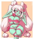 areola biped blush breasts eyelashes female green_body green_skin hair looking_at_viewer not_furry pink_eyes pink_hair pupils ribbons smile solo thick_thighs borvar goblin 2024 character_request digital_media_(artwork) hi_res