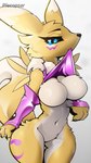 3:4 absurd_res anthro bandai_namco big_breasts biting_clothing blue_eyes breasts clothed clothing digimon digimon_(species) featureless_breasts female fluffy fur hi_res markings multicolored_body nude partially_clothed pinup plecopsar pose renamon shaded simple_background slim solo standing wide_hips yellow_body yellow_fur