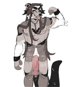 alternative_fashion anthro big_penis chain circumcised flexing genital_piercing genitals goth hair huge_penis hyper hyper_genitalia hyper_penis long_hair male muscular penis penis_piercing piercing prince_albert_piercing scar self-harm_scars solo rroostersauce bette_(rroostersauce) binturong mammal viverrid hi_res