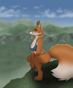 anthro biped black_pawpads breasts claws crouching dipstick_tail eyebrows female fluffy fluffy_tail forest green_eyes horizon landscape markings mountain nature outlook outside pawpads plant pose shadow solo tail tail_markings toe_claws tree view year rahir canid canine fox mammal true_fox 2024 5:6 digital_media_(artwork) hi_res shaded signature soft_shading