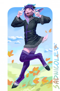 anthro biped clothed clothed_anthro clothed_male clothing cloud day femboy fingers front_view fur hair hooves horn male outside sky solo tail tongue sadnicole bovid caprine goat mammal 2026 digital_drawing_(artwork) digital_media_(artwork) hi_res