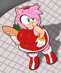 anthro big_breasts biped bread breasts carrot clothed clothing dress eyelashes female food footwear gloves green_eyes grocery_bag hair hand_on_hip handwear holding_object pink_body pink_hair plant pupils red_clothing red_dress red_footwear red_shoes shadow shoes solo vegetable someth1ngoranother sega sonic_the_hedgehog_(series) amy_rose eulipotyphlan hedgehog mammal absurd_res hi_res