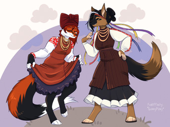 anthro black_body black_claws black_clothing black_dress black_fur black_nose brown_body brown_clothing brown_dress brown_fur claws clothing dancing dress duo eyes_closed female fluffy fluffy_tail fur hair hair_bun happy jewelry long_sleeves necklace orange_body orange_fur orange_hair red_clothing red_dress simple_background smile tail sunnypony canid canine canis domestic_dog fox german_shepherd herding_dog mammal pastoral_dog red_fox true_fox 2025 colored digital_drawing_(artwork) digital_media_(artwork) hi_res
