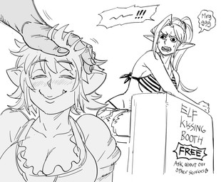 ambiguous_gender angry big_breasts bikini blush bodily_fluids bottomwear breasts cleavage clothed clothing cute_fangs denim denim_bottomwear denim_clothing denim_shorts dress eyebrow_through_hair eyebrows eyes_closed fangs female grey_background group hair hand_on_head headpat humanoid_pointy_ears jealous kissing_booth larger_female long_hair looking_at_another motion_lines not_furry pattern_bikini pattern_clothing pattern_swimwear pointy_ears ponytail short_hair shorts simple_background sitting size_difference smaller_female smile speech_bubble striped_bikini striped_clothing striped_swimwear stripes sweat swimwear teeth text thong_straps translucent translucent_hair two-piece_swimsuit baalbuddy elf goblin humanoid english_text greyscale hi_res monochrome