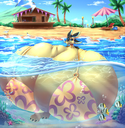 3_fingers 3_toes 4_ears anthro beach big_breasts bikini biped black_body black_claws black_ears black_feathers black_sclera blue_body blue_eyes blue_feathers blue_sky breasts claws clothed clothed_anthro clothed_female clothing cloud collar feathers feet female female_anthro fingers happy huge_breasts hyper hyper_breasts multi_ear open_mouth partially_submerged sand sea sky smile solo swimwear tan_body tan_breasts tan_ears tan_feathers tan_feet tan_fingers tan_hands tan_toes toe_claws toes topwear two-piece_swimsuit water yellow_bikini yellow_bikini_top yellow_clothing yellow_collar yellow_swimwear sleitwhite eilanii_(kiglirs) avali avian absurd_res hi_res signature female_(lore)
