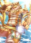 abs anthro biceps cellphone clothed clothing countershading electronics fur male muscular muscular_anthro muscular_male pecs phone solo dingding_(artist) nekojishi studio_klondike lin_hu felid mammal pantherine tiger hi_res