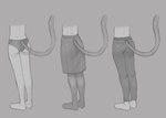 ambiguous_gender anthro bottomwear clothing faceless_ambiguous faceless_anthro faceless_character feet female furgonomic_bottomwear furgonomics grey_background lower_body_focus pants rear_view simple_background skirt standing tail underwear soaphisoap tsukihime type-moon neco-arc felid feline humanoid mammal hi_res monochrome