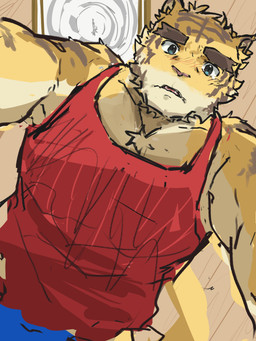 anthro barazoku blue_eyes brown_body brown_fur brown_stripes ceiling clothing countershade_arms countershade_face countershade_torso countershading fur kemono looking_at_viewer male muscular muscular_anthro muscular_male red_clothing red_shirt red_tank_top red_topwear shirt solo striped_body striped_fur stripes tan_body tan_countershading tan_fur tank_top topwear yellow_body yellow_fur qhugfr morenatsu torahiko_ooshima felid mammal pantherine tiger 2024 3:4 hi_res