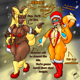 2_tails accessory anthro armwear bell bell_collar big_breasts big_butt bikini bikini_thong black_nose blonde_hair blush boots breasts brown_body brown_fur brown_nipples butt choker christmas_clothing christmas_headwear clothing collar curvy_figure detailed_background dialogue dipstick_tail duo elbow_gloves embarrassed eyes_closed eyewear female fin footwear fur glasses gloves grey_eyes hair hair_accessory hairpin hand_on_cheek handbag handwear hat headgear headwear high_heeled_boots high_heels holidays hourglass_figure jewelry jingle_bell jingle_bell_collar long_ears long_hair markings motion_lines multi_tail multicolored_body multicolored_fur necklace nipples one-piece_swimsuit orange_body orange_fur pink_nipples pink_nose red_hair santa_hat scut_tail shoes short_tail skimpy_bikini slightly_chubby sling_bikini snow snowing sound_effects speech_bubble swimwear tail tail_markings tan_body tan_fur text thick_thighs thong two-piece_swimsuit underwear wide_hips mrtoastsandwich christmas just_my_type nintendo pokemon jenny_(mrtoastsandwich) laura_(mrtoastsandwich) floatzel generation_4_pokemon lopunny pokemon_(species) 1:1 english_text hi_res