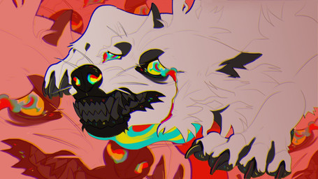 ambiguous_gender black_nose bodily_fluids cheek_tuft claws ears_back facial_tuft fangs feral fur grey_claws grey_pawpads grey_teeth lips lying neck_tuft on_front pawpads pivoted_ears solo tears teeth tuft unsigned whiskers white_body white_fur justkiddinb canid mammal 16:9 hi_res widescreen