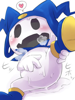anthro biped black_eyes blue_clothing blue_footwear blue_headwear blue_shoes blush blushing_at_viewer bodily_fluids breath butt clothing cute_fangs fangs featureless_crotch footwear hand_on_belly hand_on_leg hand_on_own_leg headgear headwear heart_symbol holding_leg looking_at_viewer male monobutt null open_mouth presenting presenting_to_viewer raised_leg shoes simple_background solo spread_legs spreading sweat teeth text white_background white_body ko-gami atlus megami_tensei sega jack_frost_(megami_tensei) demon 2016 3:4 digital_media_(artwork) translated
