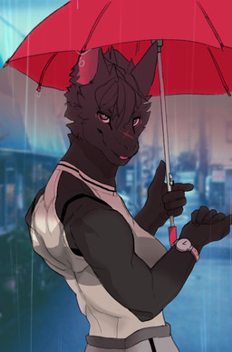 anthro biped bottomwear clock clothed clothing detailed_background fur hair holding_object looking_at_viewer male muscular muscular_anthro muscular_male open_mouth pants raining shirt smile solo sweatpants tank_top topwear umbrella watch con5710 canid canine mammal 2019 absurd_res hi_res