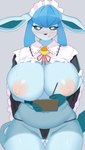 anthro areola big_breasts biped blue_body blue_hair blush breasts camel_toe clipboard clothing female grey_background hair holding_clipboard holding_object holding_pen holowear_(pokemon) huge_breasts maid_headdress maid_uniform mostly_nude navel nipples pen pokemorph simple_background slightly_chubby slightly_chubby_anthro slightly_chubby_female solo uniform writing_text faeki nintendo pokemon pokemon_unite tea_party_style_glaceon eeveelution generation_1_pokemon generation_4_pokemon glaceon pokemon_(species) 2023 alternate_version_at_source hi_res