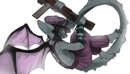 anthro barefoot big_ears black_wings bottomwear brown_hair clothing eyelashes facial_piercing feet female flat_cap grey_body grey_horn gun hair hat headgear headwear holding_gun holding_object holding_ranged_weapon holding_weapon horn looking_at_viewer membrane_(anatomy) membranous_wings nose_piercing nose_ring pants pattern_bottomwear pattern_clothing pattern_pants piercing pointy_ears purple_bottomwear purple_clothing purple_hat purple_headwear purple_pants purple_wings ranged_weapon ring_piercing simple_background solo striped_bottomwear striped_clothing striped_pants stripes suspenders tail tail_ridge weapon white_background wings yellow_eyes null0patience deadlock valve ivy_(deadlock) gargoyle absurd_res hi_res