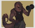 anthro bottomwear brown_body brown_scales clothed clothing dumbbell exercise front_view fully_clothed jewelry male muscular muscular_anthro muscular_male necklace pants red_eyes scales shirt solo standing tail tank_top topwear weightlifting weights workout bluekiwi101 aetius_(character) crocodilian reptile scalie hi_res