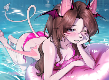 anthro blush clothing female horn inflatable inner_tube membrane_(anatomy) membranous_wings pink_clothing pink_swimwear smile smiling_at_viewer solo spade_tail swimming swimming_pool swimwear tail water wings niterra tyutya_loh123 bat demon mammal hi_res