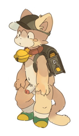 anthro backpack balls bell biped blush clothing collar footwear hat headgear headwear male penis shoes simple_background solo white_background young rokuyon canid canine mammal 2017 censored mosaic_censorship