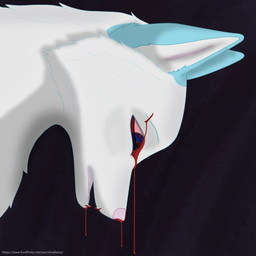 abstract_background blood blue_body blue_eyes blue_fur bodily_fluids feral fur male nosebleed open_mouth solo text white_body wounded ninafoxxo bruma_(ninafoxxo) arctic_fox canid canine fox mammal true_fox 1:1 headshot_portrait hi_res portrait url