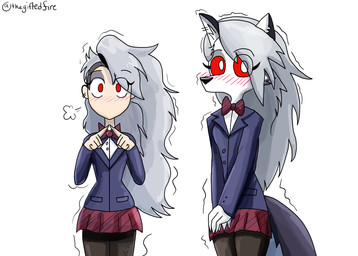 anthro blue_clothing blue_suit blush blush_lines bottomwear bow_tie clothed clothed_anthro clothed_female clothed_human clothing cosplay crossover_cosplay duo ear_piercing eyelashes eyeshadow female grey_eyeshadow grey_hair hair index_to_index leggings legwear long_hair makeup miniskirt mouthless notched_ear piercing red_bottomwear red_clothing red_eyes red_sclera red_skirt school_uniform shaking shy simple_background skirt suit text twitter_handle uniform white_background white_eyes thegiftedfire hellaverse helluva_boss komi_can't_communicate mythology human_loona_(helluva_boss) komi_shouko loona_(helluva_boss) canid canid_demon canine canis demon hellhound human mammal mythological_canine mythological_creature wolf 2025 7:5 artist_name crossover hi_res