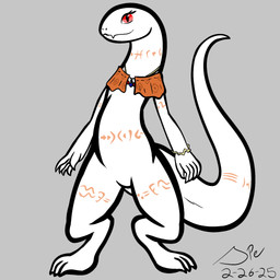 3_toes 5_fingers albino anthro arm_tattoo bangle beaded_jewelry beaded_necklace beads belly_tattoo big_tail bracelet capelet capelet_only claws clothing cute_fangs digitigrade eyelashes fangs featureless_crotch feet female female_anthro finger_claws fingers flat_chested front_view humanoid_hands jewelry leg_tattoo long_neck long_tail looking_at_viewer monotone_body mostly_nude neck_tattoo necklace orange_capelet orange_clothing orange_tattoo pattern_capelet pattern_clothing pupils red_eyes slit_pupils smile smiling_at_viewer snout solo standing tail tail_tattoo tapering_tail tattoo teeth thick_tail thick_thighs thigh_tattoo toe_claws toes tribal tribal_tattoo white_body wrist_bangle spe overlord_(series) crusch_lulu lizard lizardman lizardman_(overlord) reptile scalie 1:1 2025 dated digital_drawing_(artwork) digital_media_(artwork) flat_colors hi_res procreate_(artwork) signature