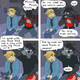 anthro black_clothing black_hair black_shirt black_topwear blonde_hair blue_eyes bottomwear brown_eyes cheek_bulge cheek_tuft clothing controller dialogue duo ears_down eating eating_food eye_contact facial_tuft food front_view fur furniture grey_body grey_fur hair hand_between_legs hands_together holding_controller holding_food holding_object holding_remote_control hoodie inside logo looking_at_another male on_sofa page_number pants pivoted_ears remote_control sharp_teeth shirt sitting sitting_near_each_other sitting_on_sofa smile smiling_at_another snack sofa teeth text topwear tuft yellow_body yellow_fur kriek_wildebeest jeremy_(kriek_wildebeest) tom_(kriek_wildebeest) border_collie canid canine canis collie domestic_dog herding_dog husky hybrid mammal nordic_sled_dog pastoral_dog sheepdog spitz wolf 1:1 artist_logo comic english_text hi_res multiple_scenes