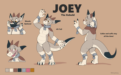 4_fingers anthro biped blush claws collar countershade_tail countershade_torso countershading fingers grey_body horn muzzle_(object) muzzled open_mouth tail text mintyderg joey_(joeybuckaroo) kobold scalie absurd_res english_text hi_res model_sheet