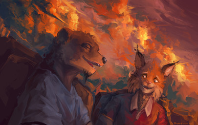 anthro blue_clothing blue_shirt blue_topwear clothing cloud detailed_background duo facial_hair fluffy goatee light looking_at_another male red_clothing red_shirt red_topwear shirt sky skyscape smile sun sunlight sunset topwear drunk_ferret echo_(game) echo_(series) echo_project chase_hunter tj_hess canada_lynx felid feline lynx mammal mustelid otter absurd_res detailed hi_res