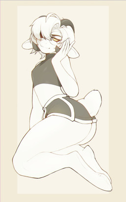 2_horns 5_fingers anthro black_bottomwear black_clothing black_shorts black_topwear border bottomwear clothing dolphin_shorts eyewear femboy fingers fur glasses hair hair_over_eye hooves horn male multicolored_bottomwear multicolored_clothing multicolored_shorts round_glasses short_tail shorts solo tail tan_border topwear two_tone_bottomwear two_tone_clothing two_tone_shorts wearing_glasses white_body white_fur white_hair white_hooves white_tail yellow_eyes miut shuff bovid caprine mammal sheep 2025 absurd_res hi_res