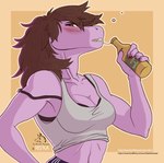 2019 5_fingers alcohol alcohol_bottle anthro artist_name athletic athletic_anthro athletic_female beverage biped black_bra black_clothing black_underwear blackfreeman blush bottle bra breasts brown_hair bubble claws clothed clothed_anthro clothed_female clothing colored container crop_top deltarune dinosaur drunk drunk_bubble eyebrows female fingers grey_clothing grey_crop_top grey_shirt grey_topwear hair half-length_portrait hi_res holding_bottle holding_container holding_object humanoid_hands long_hair looking_at_viewer low-angle_view non-mammal_breasts off_shoulder orange_background portrait prehistoric_species purple_body purple_eyes purple_scales reptile riska_(artist) scales scalie shirt simple_background solo standing substance_intoxication susie_(deltarune) teeth topwear undertale_(series) underwear