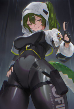 accessory black_bodysuit black_clothing black_gloves black_handwear black_skinsuit bodysuit breasts clothing female fingerless_gloves gloves green_eyes green_hair hair hair_accessory hand_on_hip handwear hood jacket long_hair long_sleeves looking_at_viewer looking_down looking_down_at_viewer medium_breasts navel_outline ponytail skinsuit smile tail tight_clothing topwear wet white_clothing white_jacket white_topwear shuraillusts arknights arknights:_endfield hypergryph studio_montagne fluorite_(arknights) animal_humanoid humanoid reptile reptile_humanoid scalie scalie_humanoid snake_humanoid hi_res