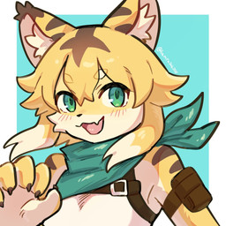 5_fingers anthro arm_belt belt blonde_hair blue_background blush blush_lines breasts brown_belt brown_body brown_fur chest_belt circle_eyebrows claws eyebrows fangs female finger_claws fingers fur green_eyes green_kerchief hair inner_ear_fluff kerchief multicolored_body multicolored_fur multicolored_hair open_mouth open_smile simple_background small_breasts smile solo striped_body striped_ears striped_fur striped_hair stripes teeth tuft white_eyebrows white_hair white_inner_ear_fluff yellow_body yellow_fur banirasab0928 cygames world_flipper mia_(world_flipper) felid mammal pantherine tiger 1:1 2026 half-length_portrait hi_res portrait watermark