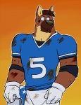 4_fingers anthro armor black_nose blue_clothing blue_jersey blue_shirt blue_t-shirt blue_topwear bodily_fluids bottomwear brown_body brown_fur brown_hair clothing fingers football_helmet front_view fur gloves hair handwear headgear helmet holding_armor holding_headgear holding_helmet holding_object jersey male muscular muscular_anthro muscular_male orange_background pants shirt simple_background smile snout solo standing sweat t-shirt topwear white_bottomwear white_clothing white_gloves white_handwear white_pants vasuki hammer_(character) canid canine canis domestic_dog german_shepherd herding_dog mammal pastoral_dog half-length_portrait portrait