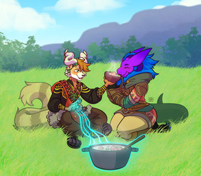 anthro bowl container cooking_pot duo fake_horns feeding_partner grass_field horn male male/male romantic romantic_couple ultrahand_(totk) zonai_clothing mrs_foquis breath_of_the_wild nintendo tears_of_the_kingdom the_legend_of_zelda nova_(novathewicker) oscar_imitaru_(some_dumm_wah) some_dumm_wah_(character) ailurid mammal red_panda wickerbeast absurd_res hi_res