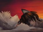 anthro black_hair blue_eyes collar cuddling duo female hair jewelry male male/female necklace piercing sleeping seff_(artist) camp_pines ashley_baird seff_(seff) canid canine canis mammal wolf 2019 4:3 digital_media_(artwork) shaded