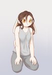 5_fingers anthro breasts brown_eyes brown_hair clothed clothing eyebrows eyelashes female fingers grey_background hair kneeling simple_background solo yellow_eyes alasou alissa_(alasou) lagomorph leporid mammal rabbit 2020 digital_media_(artwork) hi_res