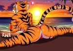 anthro beach bikini bikini_thong biped camel_toe clothed clothing female flexible fur looking_at_viewer looking_back looking_back_at_viewer orange_body orange_fur shrimp_(food) smile solo splits spread_legs spreading striped_body stripes sunset swimwear thick_thighs two-piece_swimsuit raydonxd dreamworks kung_fu_panda master_tigress felid mammal pantherine tiger